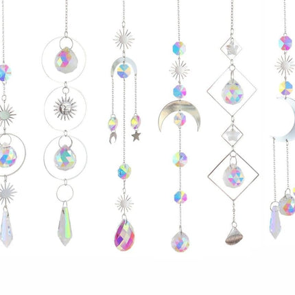 6-pack Solar Wind Chimes with Crystal Pendants, 12 inches, Silver - Reflects Light for Beautiful Patterns.