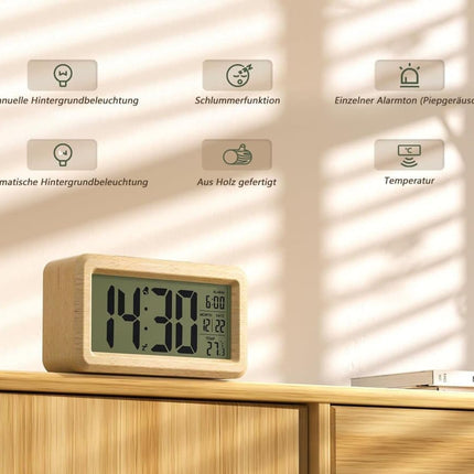 LCD Digital Alarm Clock with Smart Light Sensor, Manual Backlight, Snooze, Battery Operation, Solid Beech.