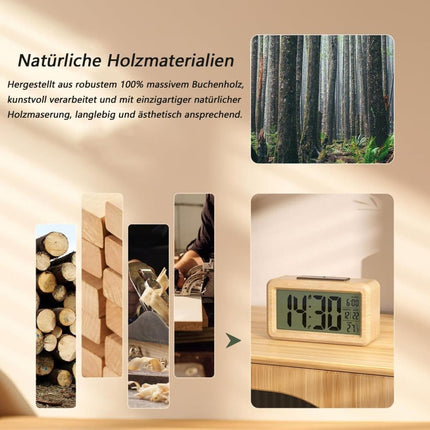LCD Digital Alarm Clock with Smart Light Sensor, Manual Backlight, Snooze, Battery Operation, Solid Beech.