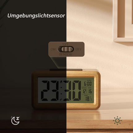 LCD Digital Alarm Clock with Smart Light Sensor, Manual Backlight, Snooze, Battery Operation, Solid Beech.