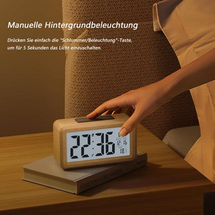 LCD Digital Alarm Clock with Smart Light Sensor, Manual Backlight, Snooze, Battery Operation, Solid Beech.