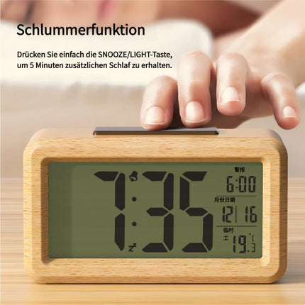 LCD Digital Alarm Clock with Smart Light Sensor, Manual Backlight, Snooze, Battery Operation, Solid Beech.