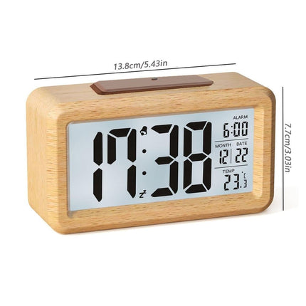 LCD Digital Alarm Clock with Smart Light Sensor, Manual Backlight, Snooze, Battery Operation, Solid Beech.
