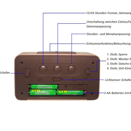 LCD Digital Alarm Clock with Smart Light Sensor, Manual Backlight, Snooze, Battery Operation, Solid Beech.