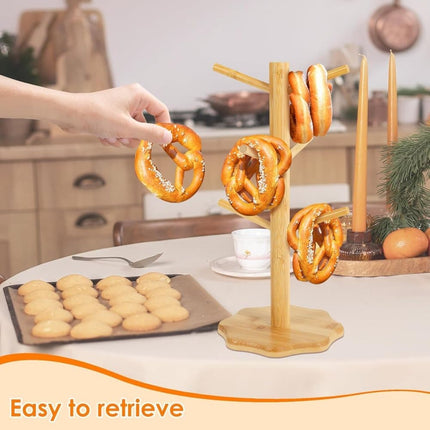 1-pack Wooden Pretzel Stand Tree-Shaped for Restaurant Cafe Bar Kitchen Decoration, Brown, Bamboo.
