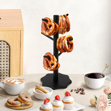 1-Pack Black Tree-Shaped Wooden Pretzel Stand, Bamboo, for Restaurant Cafe Bar Kitchen Decoration, Compatible with Pretzels.
