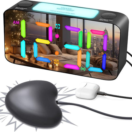 Vibrating Alarm Clock with Rainbow Heart Suspension 15-Color Display 7-Color Night Light USB Charger Power Failure Memory, Black.