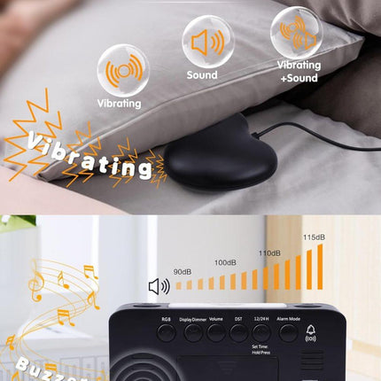 Vibrating Alarm Clock with Rainbow Heart Suspension 15-Color Display 7-Color Night Light USB Charger Power Failure Memory, Black.