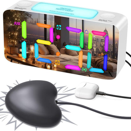 15-color display vibrating alarm clock with rainbow heart suspension, 7-color night light, USB charger, power failure memory, white.