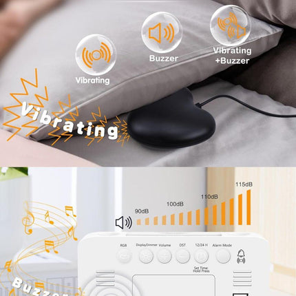 15-color display vibrating alarm clock with rainbow heart suspension, 7-color night light, USB charger, power failure memory, white.