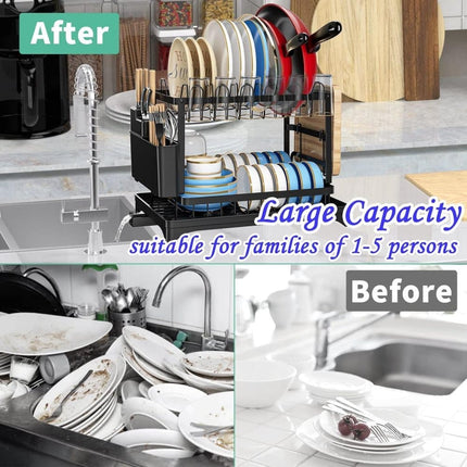 2-Tier Sink Rack with Utensil Holder and Drip Tray, Black, for Kitchen Sink Drain.