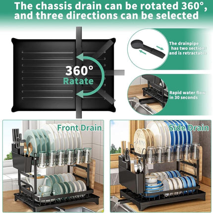 2-Tier Sink Rack with Utensil Holder and Drip Tray, Black, for Kitchen Sink Drain.