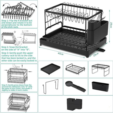 2-Tier Sink Rack with Utensil Holder and Drip Tray, Black, for Kitchen Sink Drain.