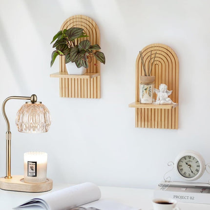 2 Bohemian Style Wooden Wall Shelves with Expander Bolts, Compatible with Living Rooms Bedrooms Kitchens, Brown.