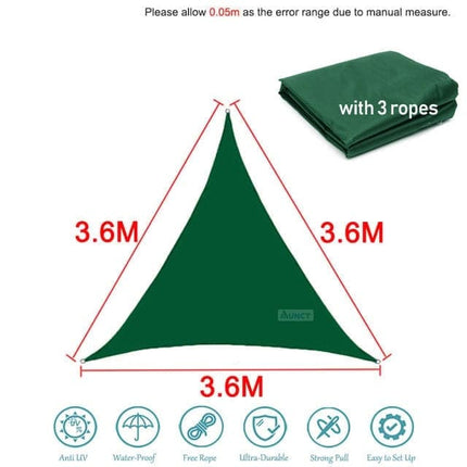 3.6x3.6x3.6m Waterproof Outdoor Sun Sail Triangle Shade, UV Protective Sun Net for Camping Garden Terrace Pool, Dark green.