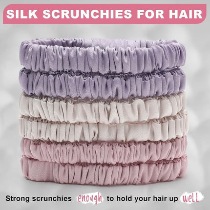 6-Pack Silk Scrunchies Hair Bands 100% Mulberry Silk Gentle No Damage High Elasticity, 16 Momme.