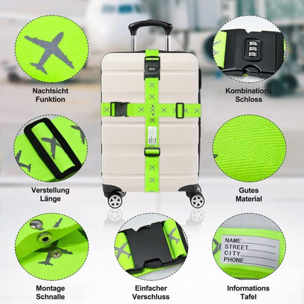 2-Pack Reflective Luggage Strap with Combination Lock for Suitcase, Green, Fits Most Sizes.