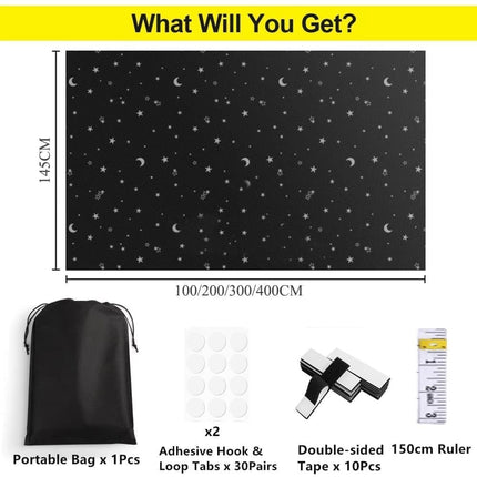 Blackout Curtain DIY Portable No-Drill UV Protection, Star and Moon Print, 145×100cm.