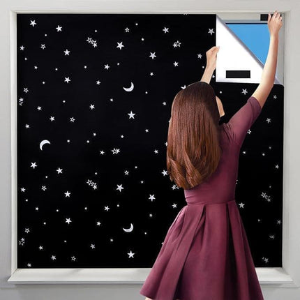Blackout Curtain DIY Portable No-Drill UV Protection Star and Moon Print, 145×300cm.