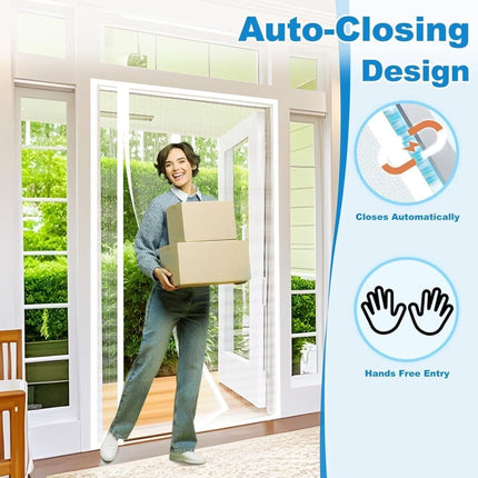 80 x 210 cm Magnetic Mosquito Net Door Self-Adhesive Side Opening Curtain Removable Durable Insect Fly and Cat Proof, 110x220 cm, White.