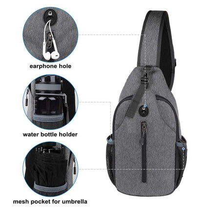 Unisex Multifunctional Shoulder Bag Crossbody Chest Backpack with Headphone Jack for Hiking Travel Climbing, Dark Gray.