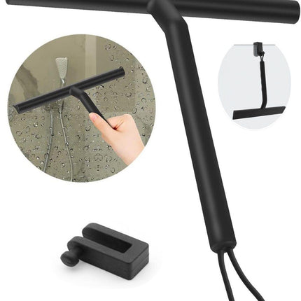 Multifunctional Silicone Shower Scraper with Hook for Windows, Shower Door and Car Window, Black.