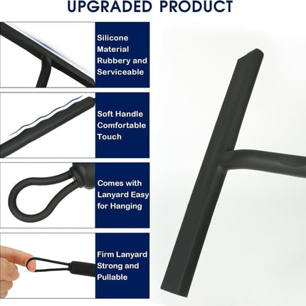 Multifunctional Silicone Shower Scraper with Hook for Windows, Shower Door and Car Window, Black.