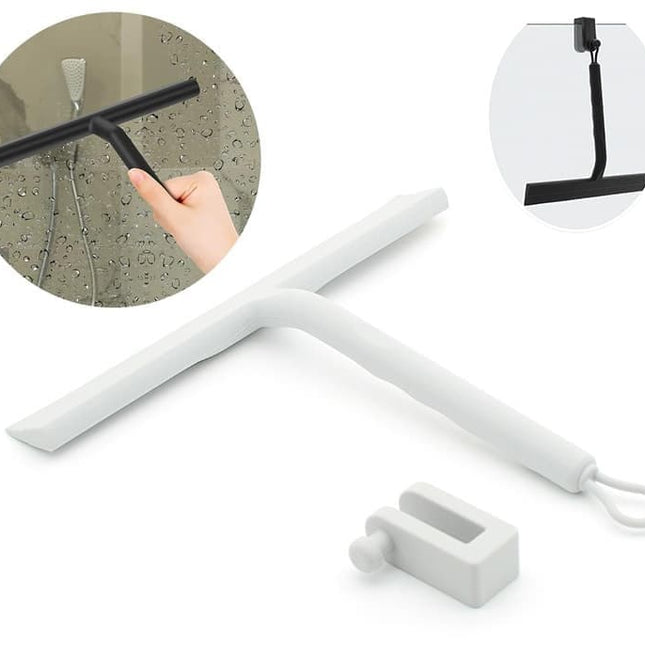 Silicone shower scraper for windows shower doors and car windows, with hook, white.