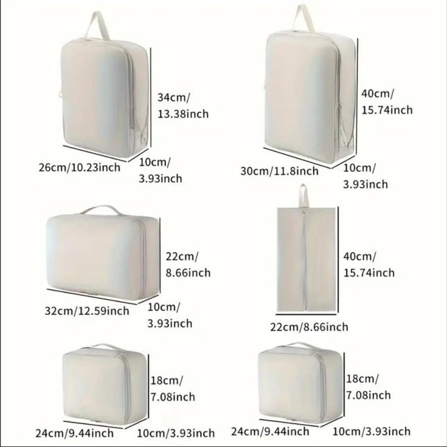 6-Piece Waterproof Travel Storage Bags Organizer for Suitcase, Gray, Compatible with Travel and Vacation.
