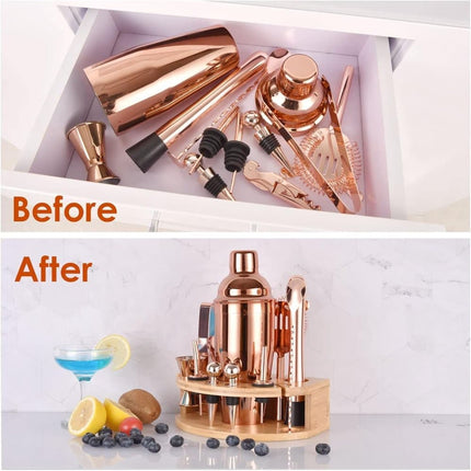 12-Piece Stainless Steel Cocktail Set with Bamboo Stand, Gold, Perfect Gift for Home Bar.