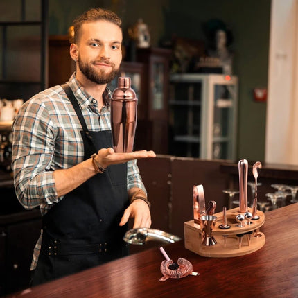 12-Piece Stainless Steel Cocktail Set with Bamboo Stand, Gold, Perfect Gift for Home Bar.