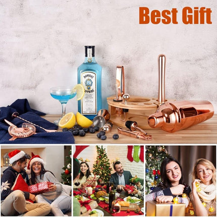 12-Piece Stainless Steel Cocktail Set with Bamboo Stand, Gold, Perfect Gift for Home Bar.