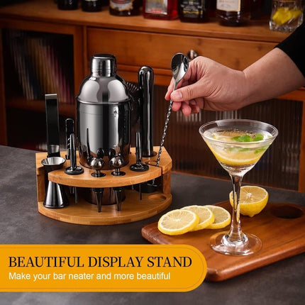 12-Piece Stainless Steel Cocktail Set with Bamboo Stand, Black, for Bar and Home Use, Perfect Gift.