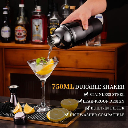 12-Piece Stainless Steel Cocktail Set with Bamboo Stand, Black, for Bar and Home Use, Perfect Gift.