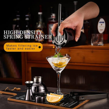 12-Piece Stainless Steel Cocktail Set with Bamboo Stand, Black, for Bar and Home Use, Perfect Gift.
