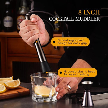 12-Piece Stainless Steel Cocktail Set with Bamboo Stand, Black, for Bar and Home Use, Perfect Gift.