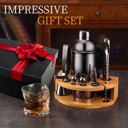 12-Piece Stainless Steel Cocktail Set with Bamboo Stand, Black, for Bar and Home Use, Perfect Gift.