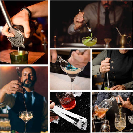 12-Piece Stainless Steel Cocktail Set with Bamboo Stand, Silver, Perfect Gift for Home Bar.