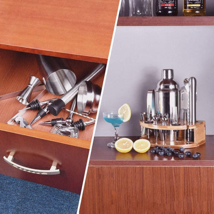 12-Piece Stainless Steel Cocktail Set with Bamboo Stand, Silver, Perfect Gift for Home Bar.