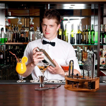 12-Piece Stainless Steel Cocktail Set with Bamboo Stand, Silver, Perfect Gift for Home Bar.
