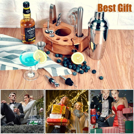 12-Piece Stainless Steel Cocktail Set with Bamboo Stand, Silver, Perfect Gift for Home Bar.