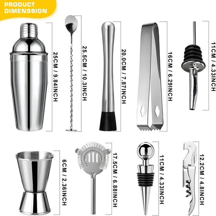 12-Piece Stainless Steel Cocktail Set with Bamboo Stand, Silver, Perfect Gift for Home Bar.