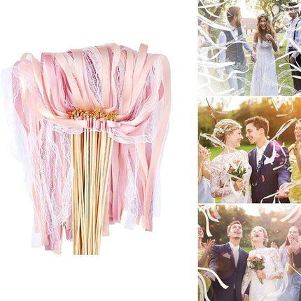 30 Pack Pink Satin & Lace Ribbon Wands for Wedding Party Decor, 30cm.