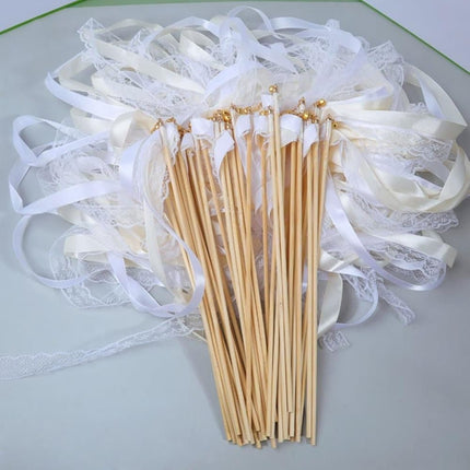 30 Pack Satin & Lace Ribbon Wands with Bells for Wedding & Party Decor, 30cm Beige.