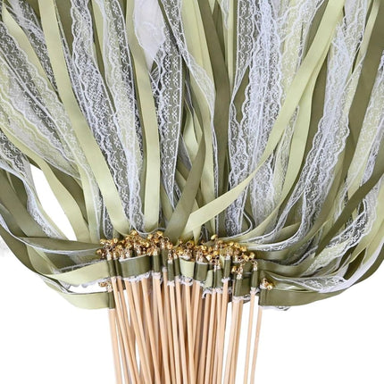 30 Pack Green Satin & Lace Ribbon Wands for Wedding Party Decor, 30cm.