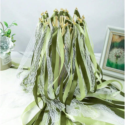 30 Pack Green Satin & Lace Ribbon Wands for Wedding Party Decor, 30cm.