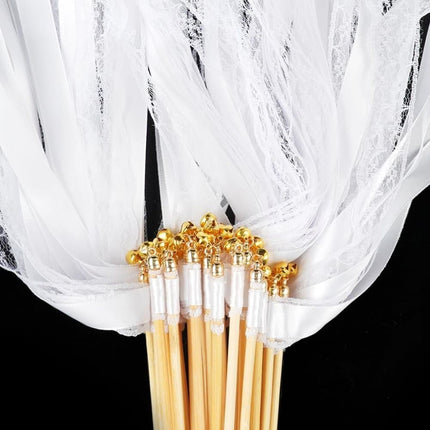 30 Pack White Satin & Lace Ribbon Wands for Wedding & Party Decor, 30cm.