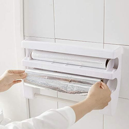 Multifunctional Foil Cutter Wall Holder for Plastic and Aluminum Foil with Kitchen Paper, 39x10x24cm, White.
