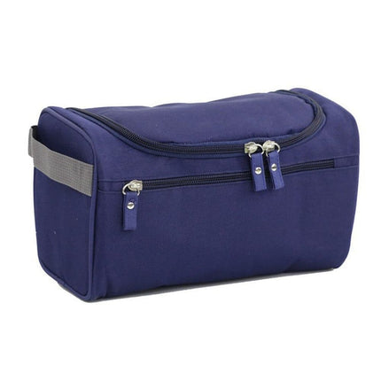 Waterproof makeup bag with 3 compartments and handle, hanging toiletry bag for men and women, dark blue.