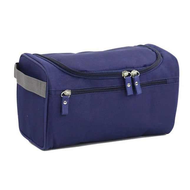 Waterproof makeup bag with 3 compartments and handle, hanging toiletry bag for men and women, dark blue.